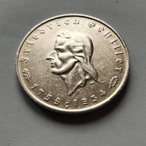 Vzácná stříbrná 5 marka 1934 SCHILLER *Od 1 Kč* - Numismatika