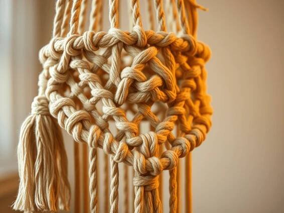 Přírodní macramé dekorace s uzly a střapci pro kreativní ruční práce, vhodné pro bytové dekorace a originální dárky. Vyrobte si vlastní dekorativní předmět z bavlněného provázku.