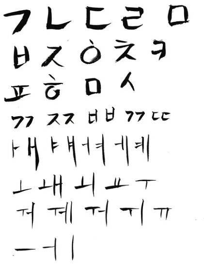 Korejské písmo abecedy a souhlásky nebo korejská písmena. Hangul rukou kreslil na bílém pozadí. Studium korejštiny — Stock obrázek