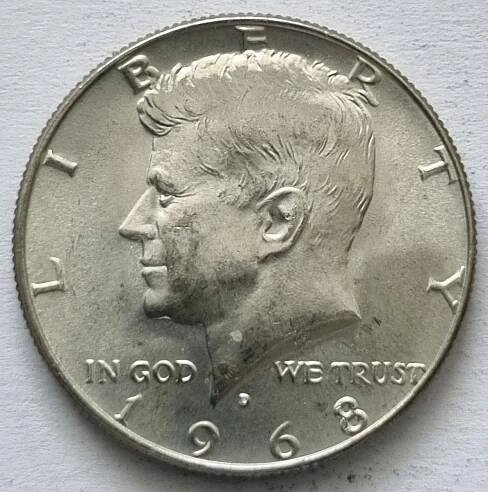 Stříbrny 1/2 dolar 1968 D, Kennedy Half Dollar.
