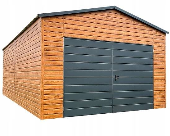 Plechova garáž 4,5x6m Dvoukřídlá vrata dveře Imitace dřeva střecha sedlová