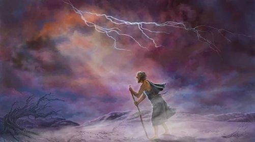 Job se během větrné bouře dívá do nebe a naslouchá Jehovovi