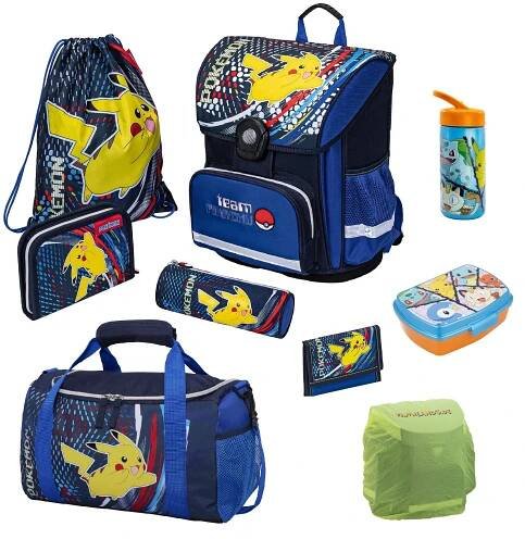 Modrá školní aktovka s motivem Pikachu - Ergonomická, lehká a kompaktní školní aktovka - 9dílná školní sada pro 1. až 4. třídu ZŠ