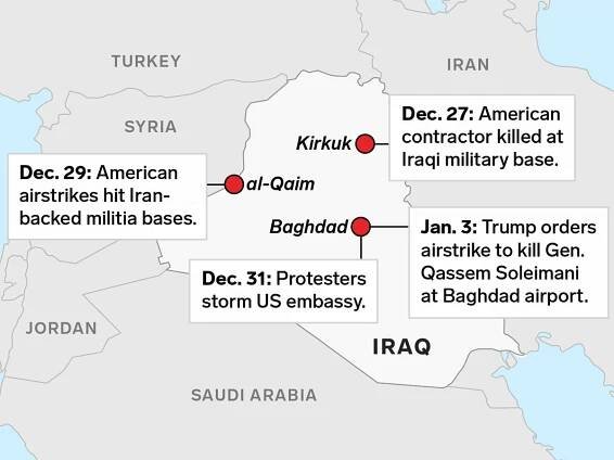 Map showing US-Iran tensions in Iraq, leading to Soleimani death