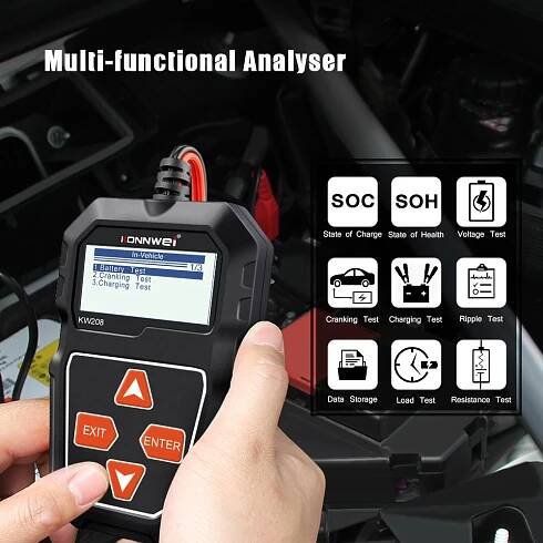 KONNWEI KW208 12V Tester autobaterií 100 až 2000CCA Startovací Tester nabíjecích obvodů Analyzátor akumulátorů 12V akumulátorové nářadí
