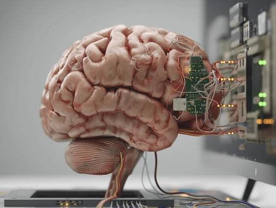 A brain connected to a circuit and wires. 