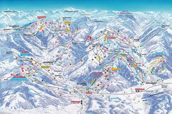 Lyžařská mapa sjezdovek areálu Kitzbühel / Kirchberg / Jochberg / Pass Thurn