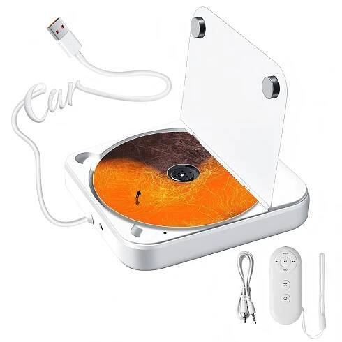 AIORBER Přenosný externí CD přehrávač do auta, HIFI zvuk, připojení USB, bez vibrací, plug & play, DVD přehrávač, 13,3 x 13,3 x 2,5 cm, bílý