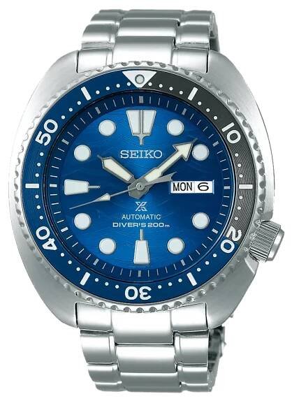 Close-up of the Seiko Prospex turtle Save the Ocean SRPD21.