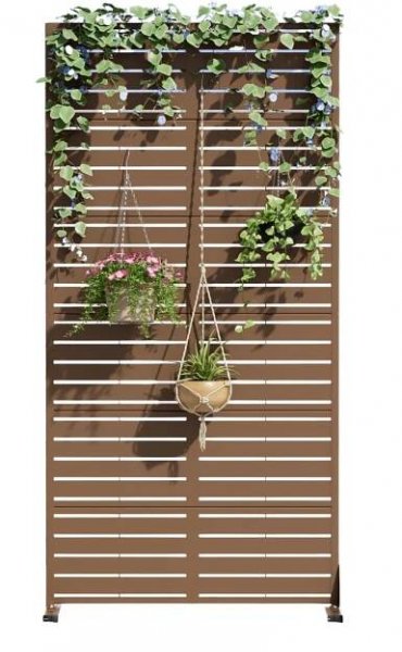 a brown privacy screen with ivy at the top and hanging plants attached