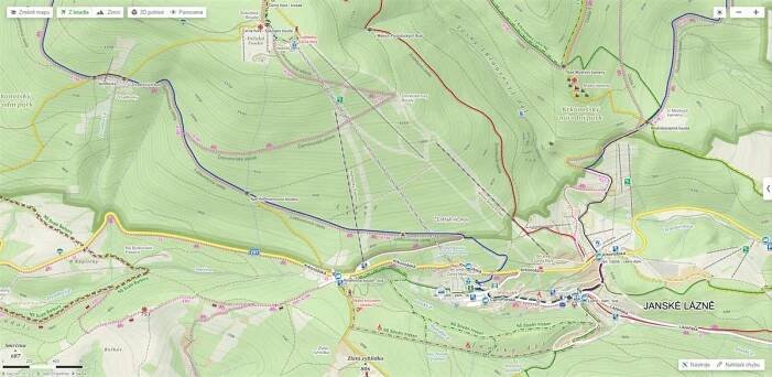  A teď srovnání:  Toto je klasický 2D mapový pohled na Janské lázně. Vrstevnice, turistické značky... prostě tak, jak to známe z klasických papírových turistických map. Klikněte dále a prohlédněte si stejné místo jinak
