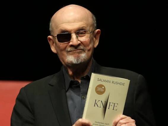 Salman Rushdie attends a presentation of his book “Knife: Meditations After an Attempted Murder” at Deutsches Theater on May 16, 2024 in Berlin, Germany.