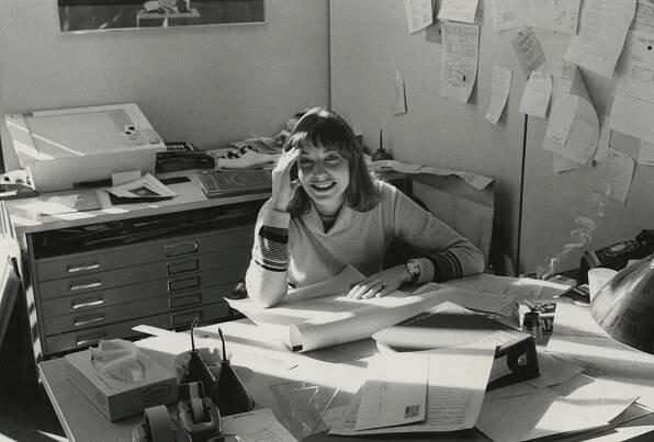 Scher at her CBC Records office where she was responsible for designing 150 covers a year | Conversations About Your Voice | STIR X Kyoorius Designyatra 2020 | STIRworld