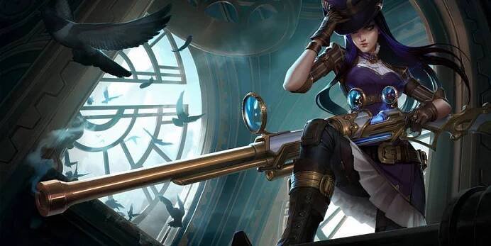 Caitlyn tracks shoots a criminal in her League of Legends splash art.