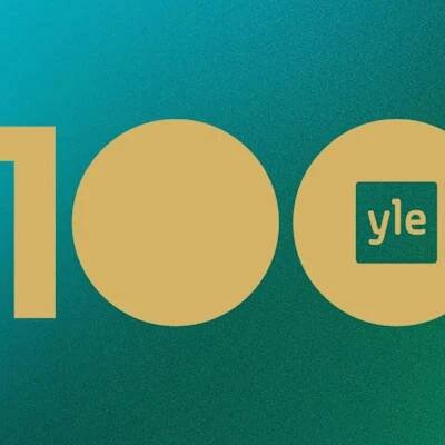 A commemorative banner featuring the iconic gold '100' and Yle logo on a vibrant turquoise and green gradient background.
