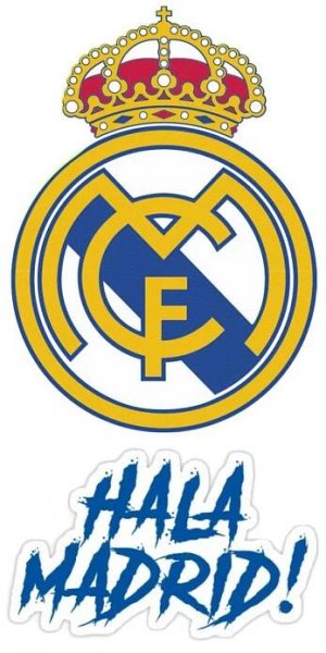 the real madrid logo is shown in blue and yellow, with a crown above it