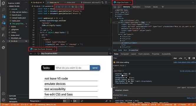 Extension open in Visual Studio Code showing the browser preview below the source code and the DevTools to the right