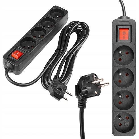 Prodlužovací Kabel zásuvková lišta 3 m UZEMNĚNÍ 4 ZÁSUVKY ČERNÝ 3x1,5 MM