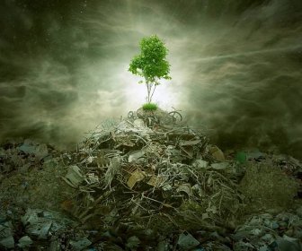 Zelený koncept jako strom na vrcholu hory haldy odpadků — Stock fotografie