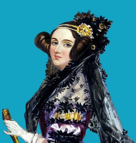 A painting of Ada Lovelace on a bright blue background.