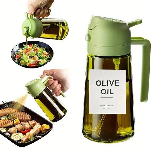 Kuchyňský skleněný dávkovač olivového oleje, 2 v 1 lahvička na olej a kuchyňský rozprašovač, automatická otočná víčka, 16oz olivově zelená (tmavé blokování) s nálepkami