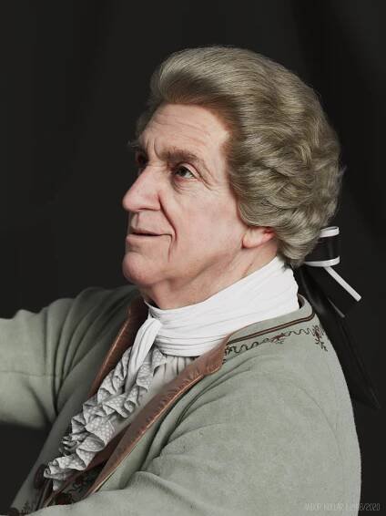 3d artwork of Andor Kollar in Maya with Arnold renderer, head, XGen hair, Jonathan Pryce as aristocrat with 18th costume, laces, scarf, wig and bow