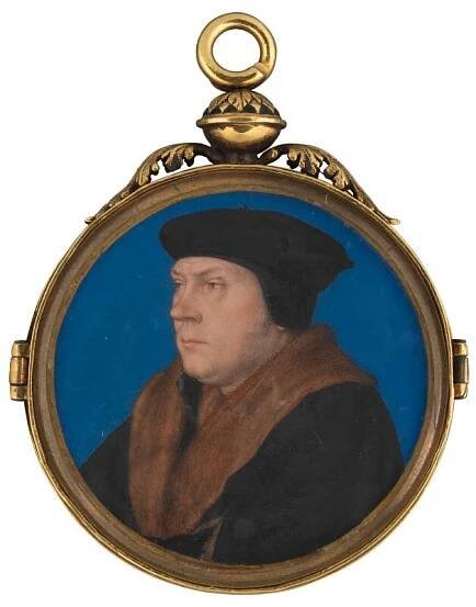 A miniature painting of a serious man in rich dark Tudor clothing