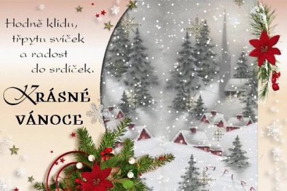 a christmas card with an image of a snowy village and fir trees in the background