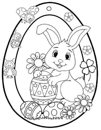 an easter egg with a bunny sitting in it and some flowers around the eggs coloring page