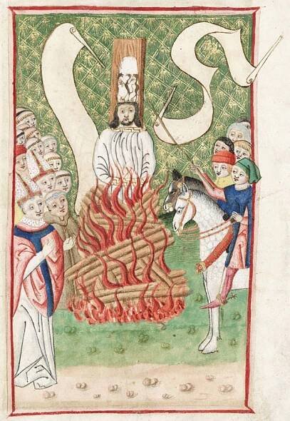 Mistr Jan Hus na hranici. Iluminace Jenského kodexu (kolem roku 1500) zdroj cs.wikipedia.org