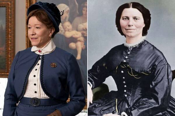 Linda Emond in The Gilded Age ; Clara Barton, founder of the American branch of the Red Cross.