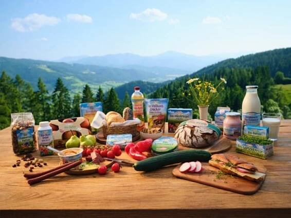 Bio-Produkte von SPAR Natur pur auf einem Holztisch; im Hintergrund eine schöne Berglandschaft