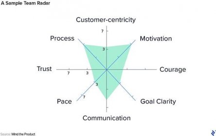 A sample Team Radar with eight axes extending from a midpoint, labeled "Customer-centricity," "Motivation," "Courage," "Goal Clarity," "Communication," "Pace," "Trust," and "Process," and markers on each axes for three and seven points. There is a shaded area representing the scores, which are inexact but range from below three to seven.
