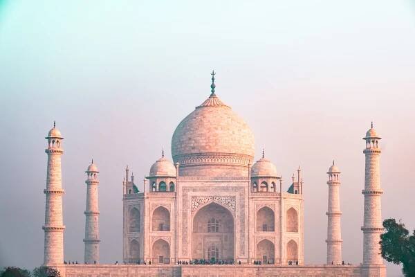 The Taj Mahal at sunset.