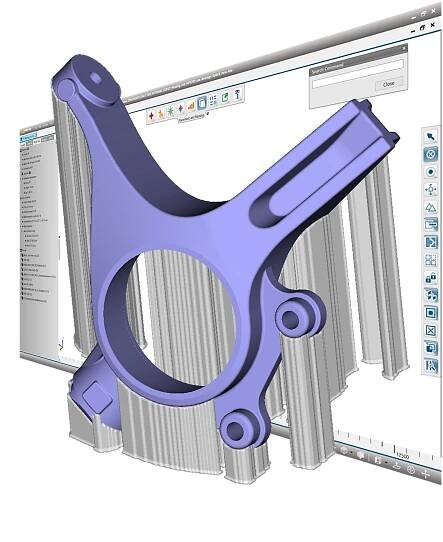 A 3D CAD model of a mechanical bracket, displayed in a purple color, floating in front of a software interface. The background shows a 3D printing preparation software with support structures generated for the part. The interface contains various icons and a search function. The scene suggests additive manufacturing or 3D printing setup visualization.