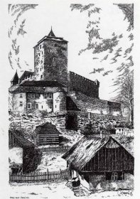 hrad Kost - celkový pohled, kresba L. Tomáš - Sběratelství