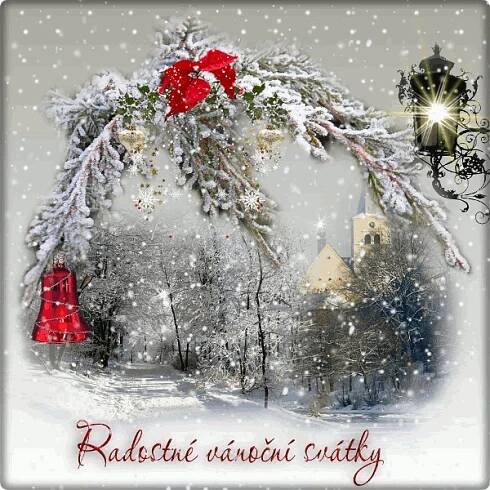 Christmas Card with Snowy Village and Red Bell Tower
