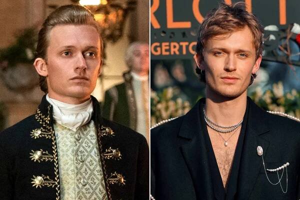 Queen Charlotte: A Bridgerton Story. (L to R) Sam Clemmett as Young Brimsley, Freddie Dennis as Reynolds in episode 102 of Queen Charlotte: A Bridgerton Story. Cr. Nick Wall/Netflix © 2023; LONDON, ENGLAND - APRIL 21: Freddie Dennis attends the Special Fan Screening and Garden Party for "Queen Charlotte: A Bridgerton Story" at Odeon Luxe Leicester Square on April 21, 2023 in London, England. (Photo by Lia Toby/Getty Images)