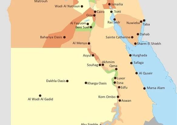 A detailed map of Egypt highlighting key cities, landmarks, and geographical features such as the Nile River and surrounding deserts