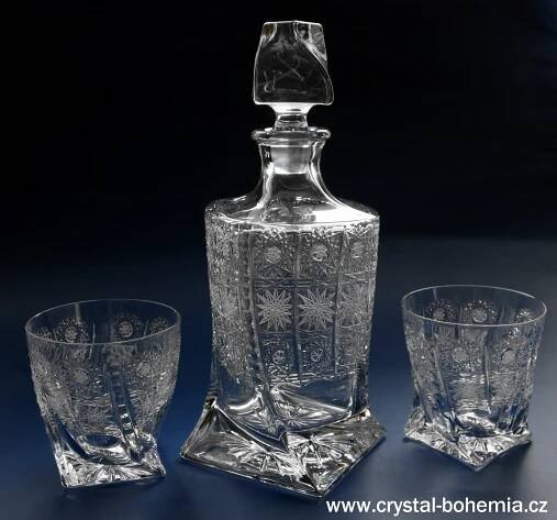 VYRÁBĚLO SE NA PŘÁNÍ | WHISKY SET_QUADRO_LÁHEV+2 SKLENKY / 42082Q-075-105 | BROUŠENÉ SKLO , CRYSTAL BOHEMIA