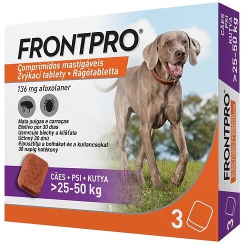 FRONTPRO® antiparazitární žvýkací tablety pro psy (25-50 kg) 136 mg 3 kusy (Žvýkací tablety proti klíšťatům a blechám pro psy)
