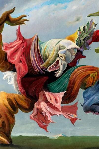 Max Ernst (1891–1976), Der Hausengel (Der Triumph des Surrealismus), 1937, Öl auf Leinwand, 114,2 x 146,5 cm, Collection Hersaint © Vincent Everarts Photography Brussels / VG Bild-Kunst, Bonn 2025