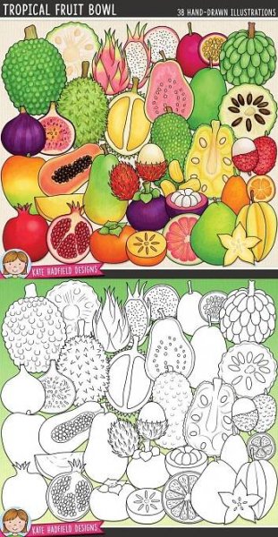 the tropical fruit bowl coloring page is shown in two separate sections, one with an image of