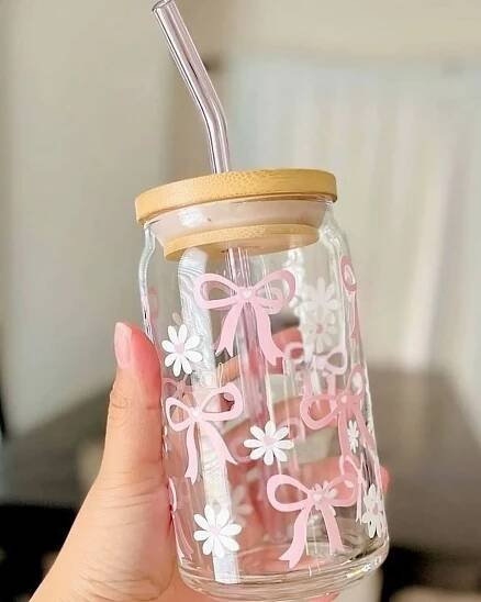 Skylety Set of 2 Coquette Bow Glass Cup 16oz Pink Glass Cup with Lids and Straws Reusable Pink Bow Silicone Straw Toppers Lids Protectors 2 Brush for Drinking C… in 2025 | Trendy water bottles, Glass tumbler design, Cute coffee cups