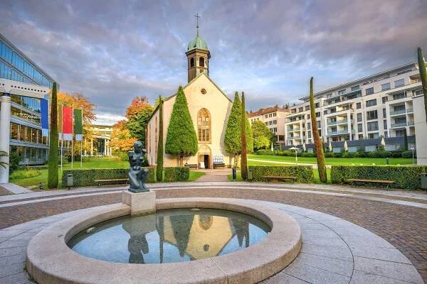 Landscape with Spitalkirche church and fountain. Caracalla thermal baths, Baden-Baden, Baden Wurttemberg, Germany
