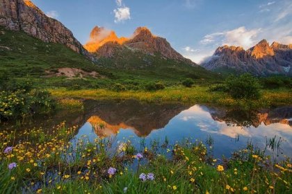 hory,Nianbaoyuze National Park,Čína,Qinghai plateau,květiny,jezero
