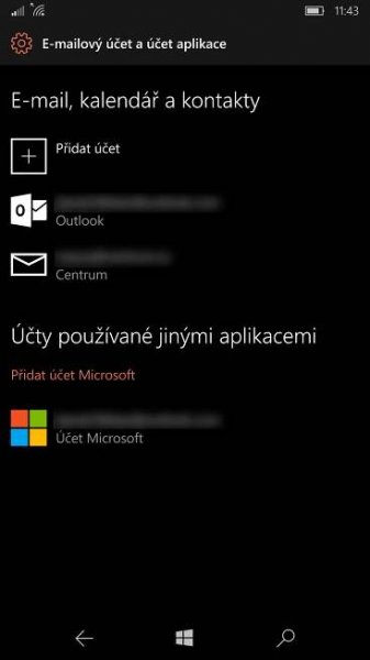 Nastavení účtů Windows 10 Mobile