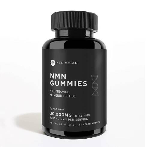Neurogan NMN Gummies in a black bottle, 30,000mg total NMN, 1000mg per serving, wild berry flavor.