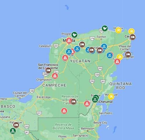 Mapa - nejkrásnější místa Mexického Yucatánu - Czech the World