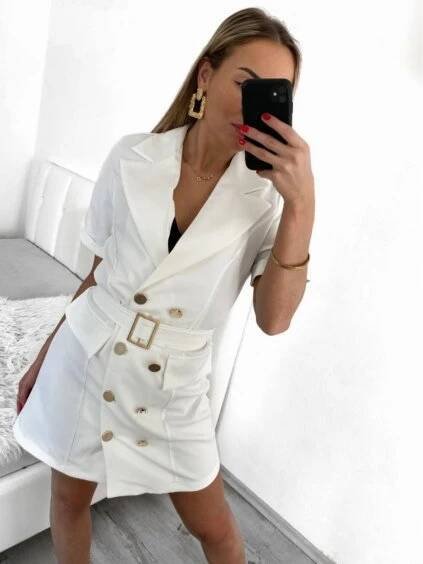 Šaty elegantní kabátkové krátký rukáv dámské (S-M-L ONE SIZE) ITALSKÁ MÓDA IMPGM238027/DU (Velikost S/M/L, Barva bílá)